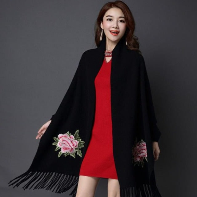 All Matched Chinese Style Floral Sweater Shawl with Tassels – IDREAMMART