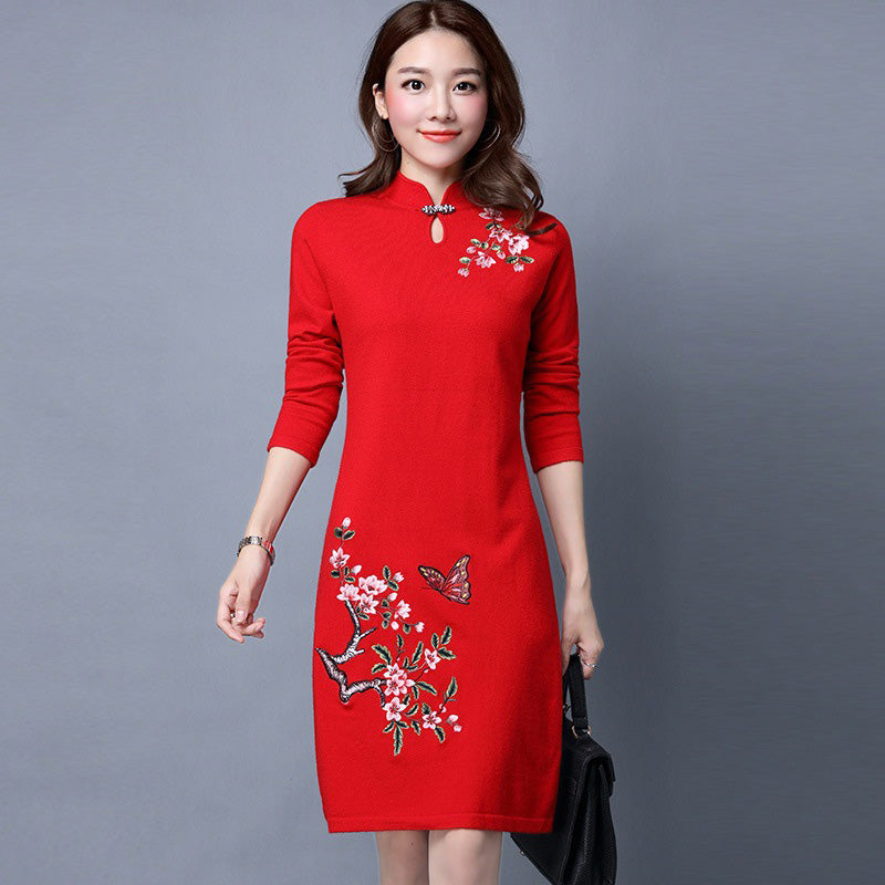 Key Hole Neck Knee Length Cheongsam Chinese Style Sweater Dress ...