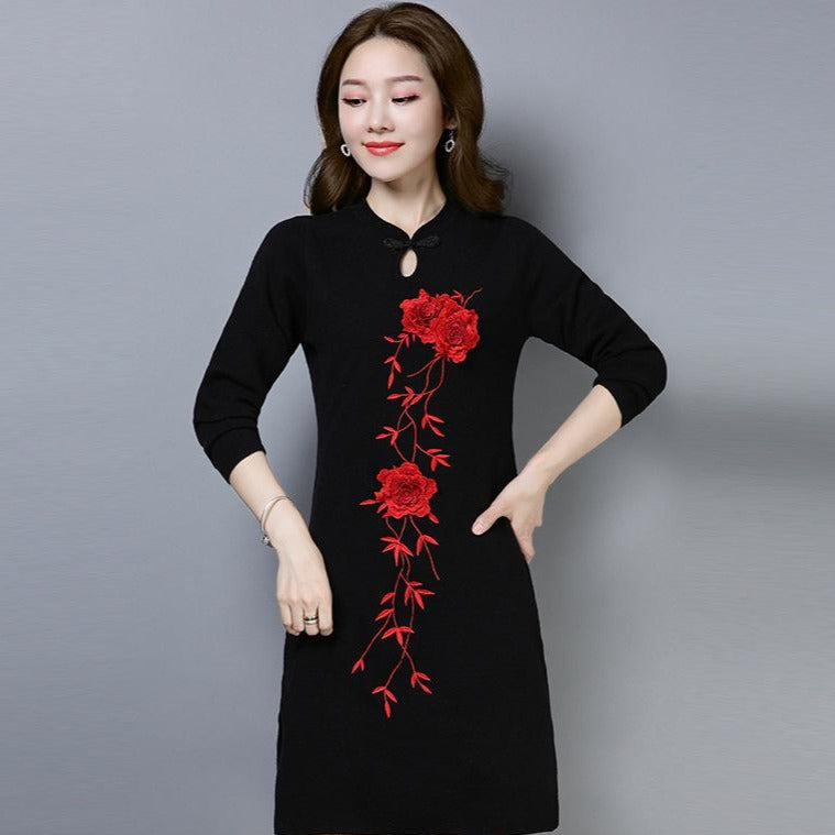 Floral Embroidery Long Sleeve Retro Cheongsam Knee Length Sweater Dres ...