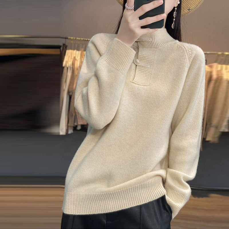 Loose Thick Knit with Vintage Chinese-style Button-up Casual Long-sleeved  Cashmere Pullover Sweater