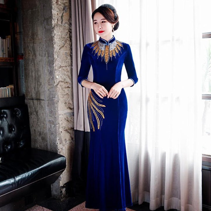 Handmade Floral Appliques Mermaid Velvet Cheongsam Mother Dress ...