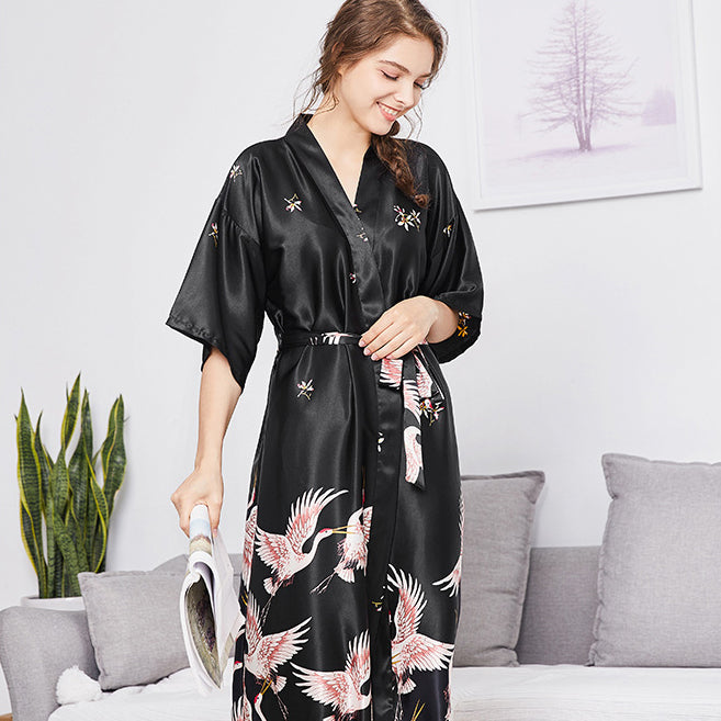 Half Sleeve Crane Pattern Silk Kimono Yukata Sleepwear – IDREAMMART