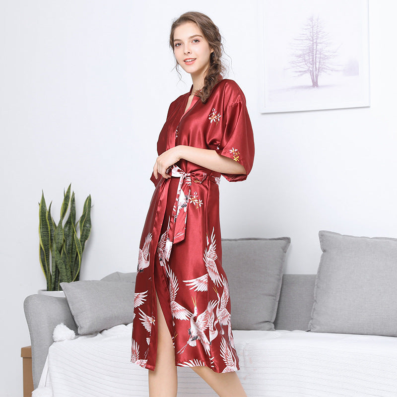 Half Sleeve Crane Pattern Silk Kimono Yukata Sleepwear – IDREAMMART