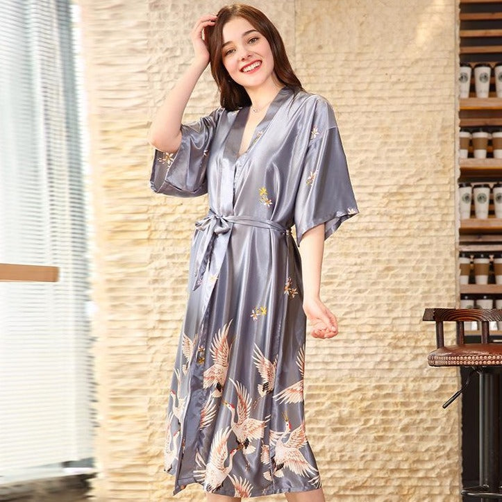 Half Sleeve Crane Pattern Silk Kimono Yukata Sleepwear – IDREAMMART