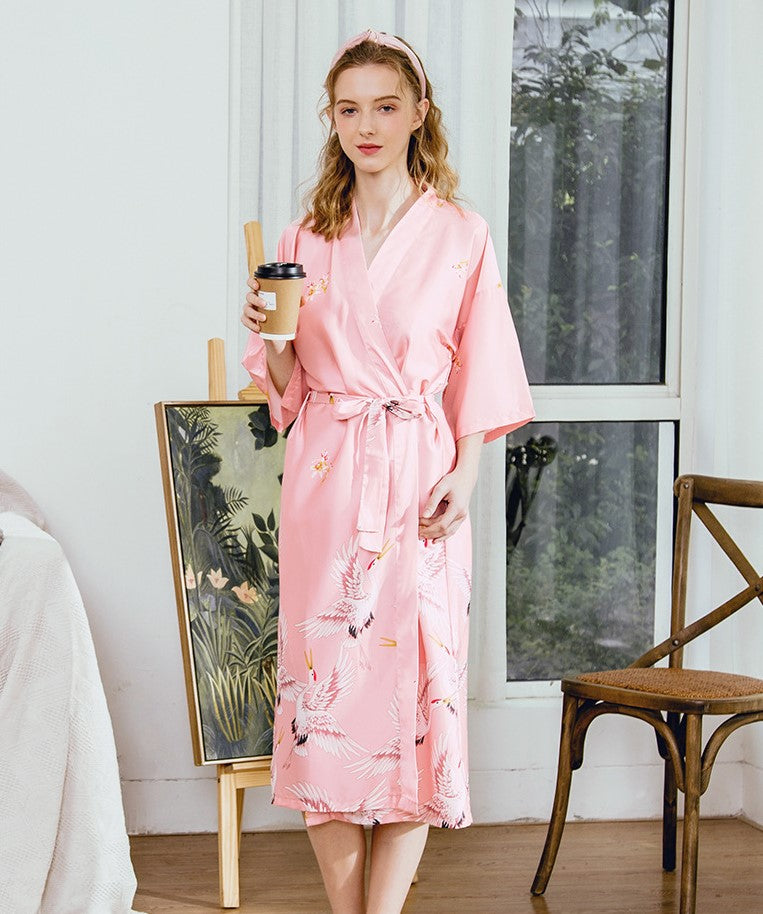 Half Sleeve Crane Pattern Silk Kimono Yukata Sleepwear – IDREAMMART