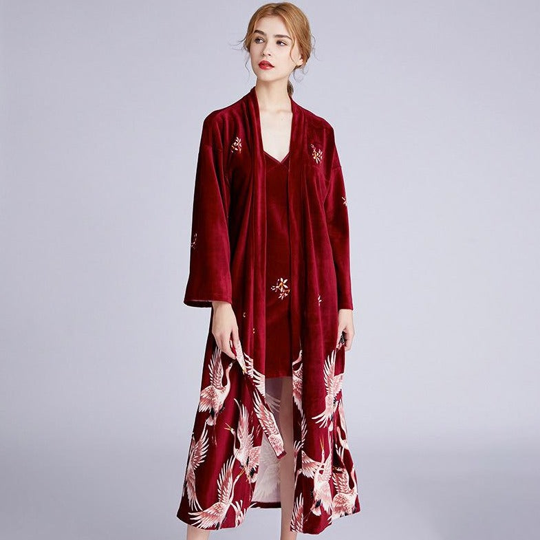 Crane Pattern Velvet Sleepwear Pyjamas Slip Dress Suit – IDREAMMART