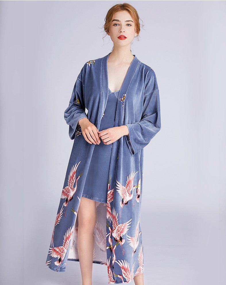 Crane Pattern Velvet Sleepwear Pyjamas Slip Dress Suit – IDREAMMART