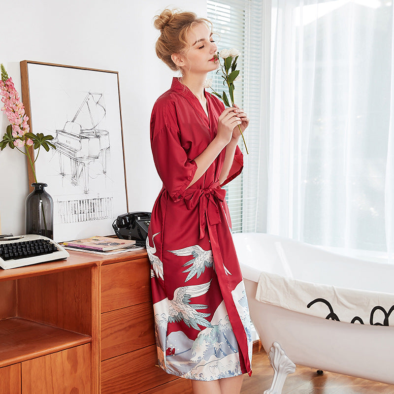 Crane Pattern Knee Length Silk Sleepwear Pyjamas Morning Robe – IDREAMMART