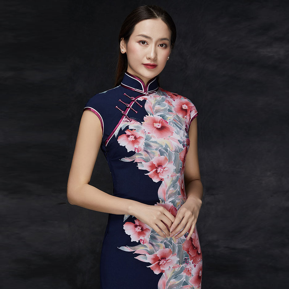 Cap Sleeve Stretch Silk Floral Cheongsam Traditional Qipao Dress ...