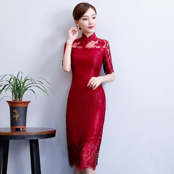 Retro Lace Appliques Knee Length Cheongsam Chinese Dress – IDREAMMART