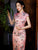 Schlüsselloch-Ausschnitt Flügelärmeln Traditionelles Cheongsam Knielanges Blumen Chinesisches Kleid