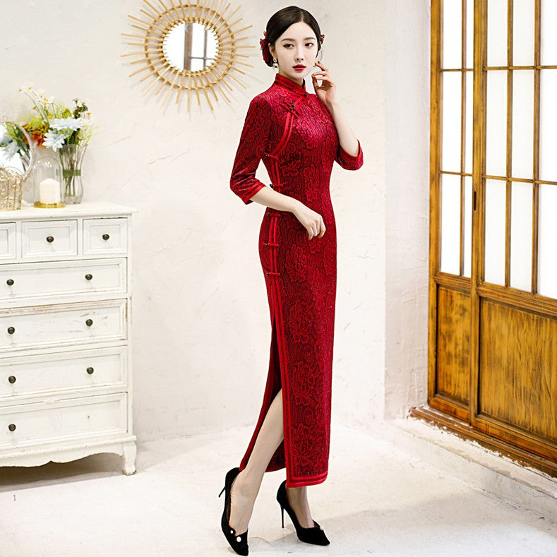 3/4 Sleeve Traditional Cheongsam Long Floral Lace Chinese Dress ...