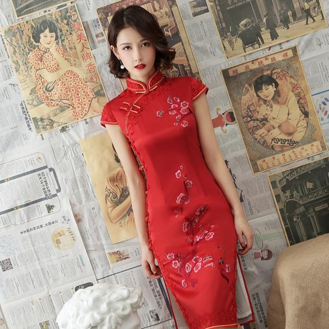 Floral Emboridery Lace Edge Modern Cheongsam Chinese Dress – IDREAMMART