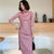 Vestido de día de estilo chino cheongsam moderno de gamuza con patrón fruncido hasta la rodilla