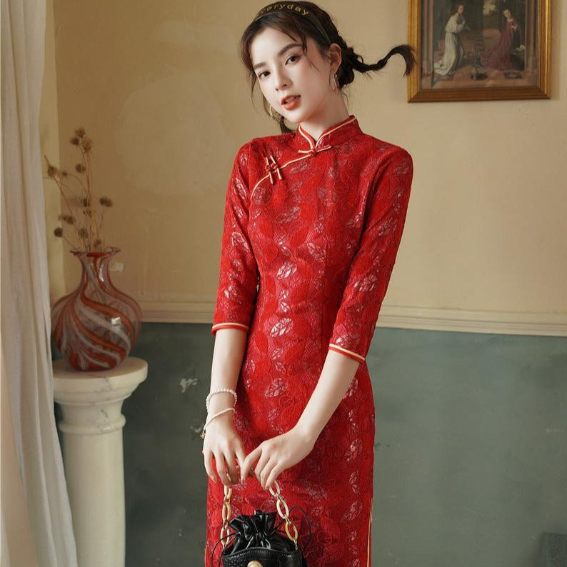 Half Sleeve Modern Cheongsam Knee Length Floral Lace Chinese Dress ...