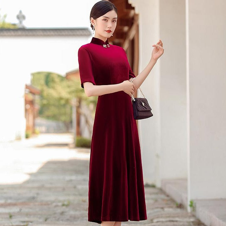 Mandarin Collar Half Sleeve Tea Length Cheongsam Top Mother Dress ...