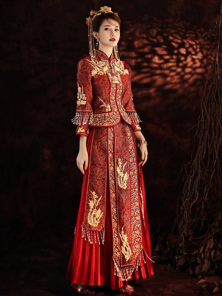 Floral Embroidery Double Sleeves Traditional Chinese Wedding Suit
