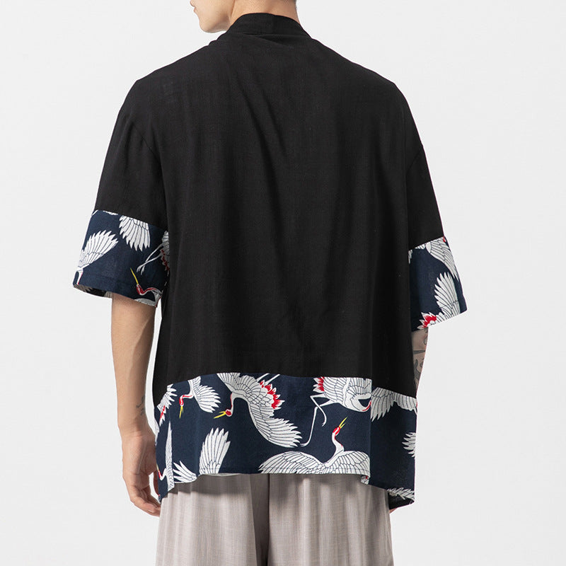 Crane Pattern Men's Cardigan Kimono Shirt Samurai Costume – IDREAMMART