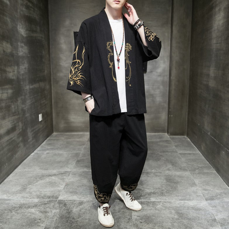 Casual Men's Kimono Jacket With Embroidery - Short Sleeve Open