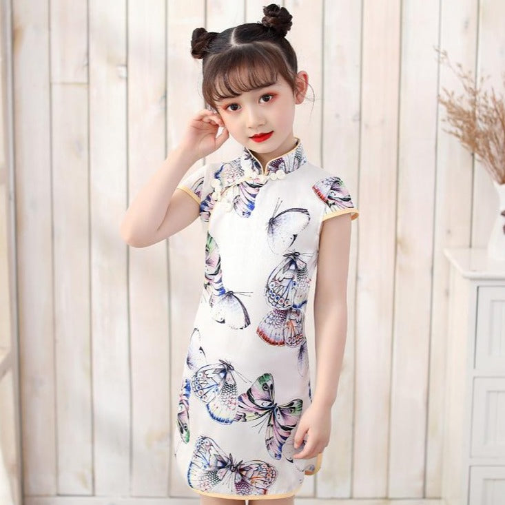 Butterfly Pattern Mandarin Collar Cap Sleeve Girl's Cheongsam Mini Chi ...