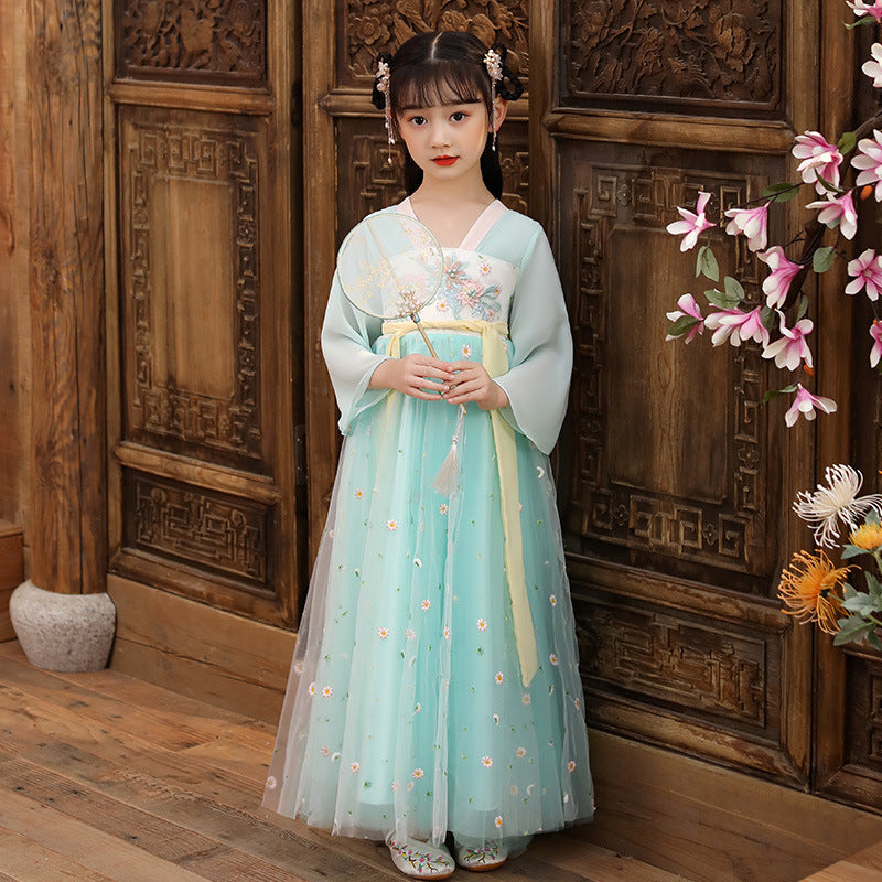 Trumpet Sleeve Floral Embroidery Girl's Han Chinese Costume Princess D ...