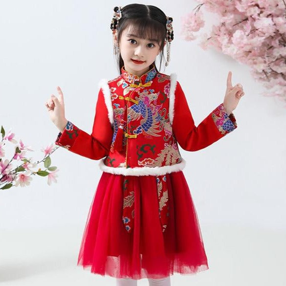 Cheongsam Top Brocade Wadded Coat with Pleated Skirt Girl's Suit ...
