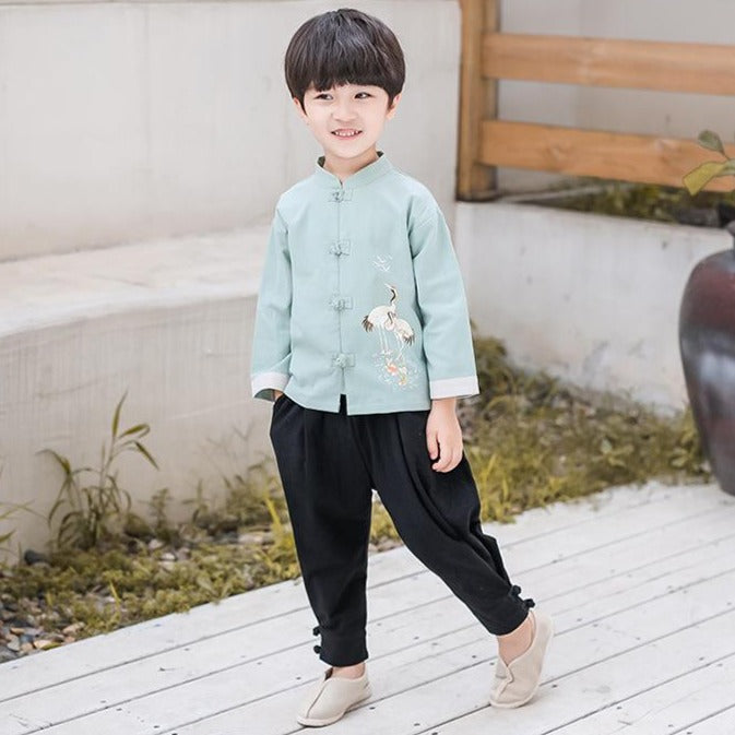 Cranes Embroidery Signature Cotton Kid's Kung-fu Suit Traditional Chin ...