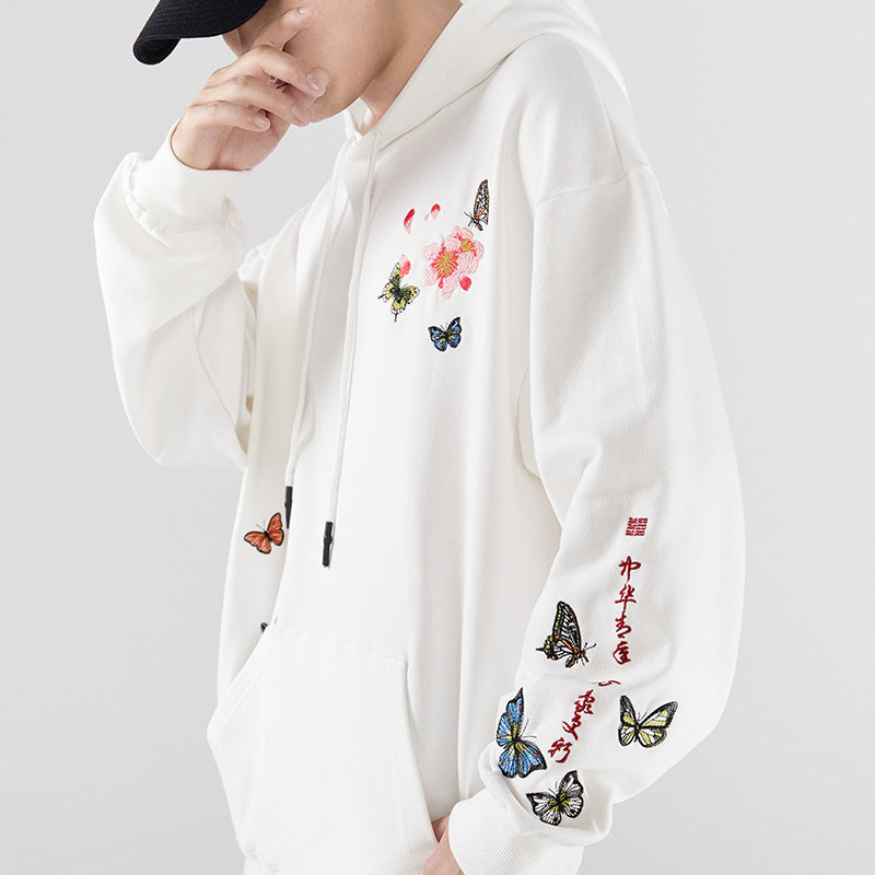 Floral Embroidery Unisex Oriental Hoodie Cotton Sweatshirt