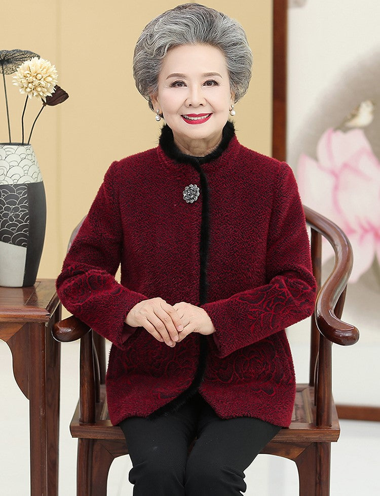 Thick Floral Mink Cashmere Tang Suit Traditional Chinese Jacket Mother ...